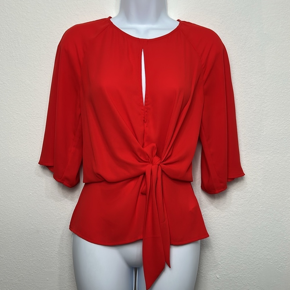 Express Red Front Tie Keyhole 3/4 Bell Sleeve Blouse XS